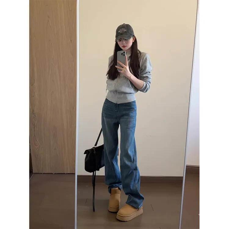 窄版阔腿加绒牛仔裤女秋冬季2025年新款宽松显瘦高腰直筒裤小个子