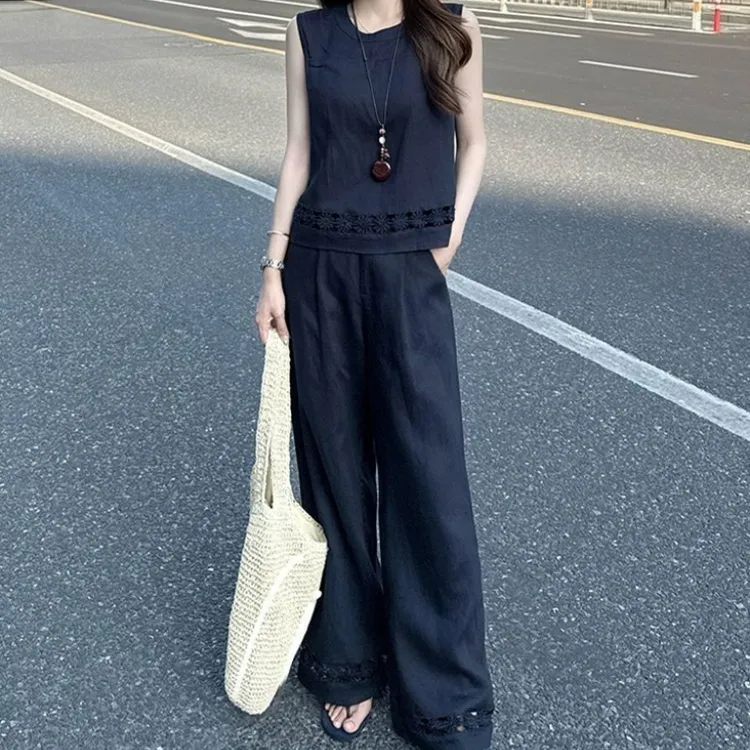 夏季新款新中式国风复古无袖上衣搭配宽松阔腿裤套装