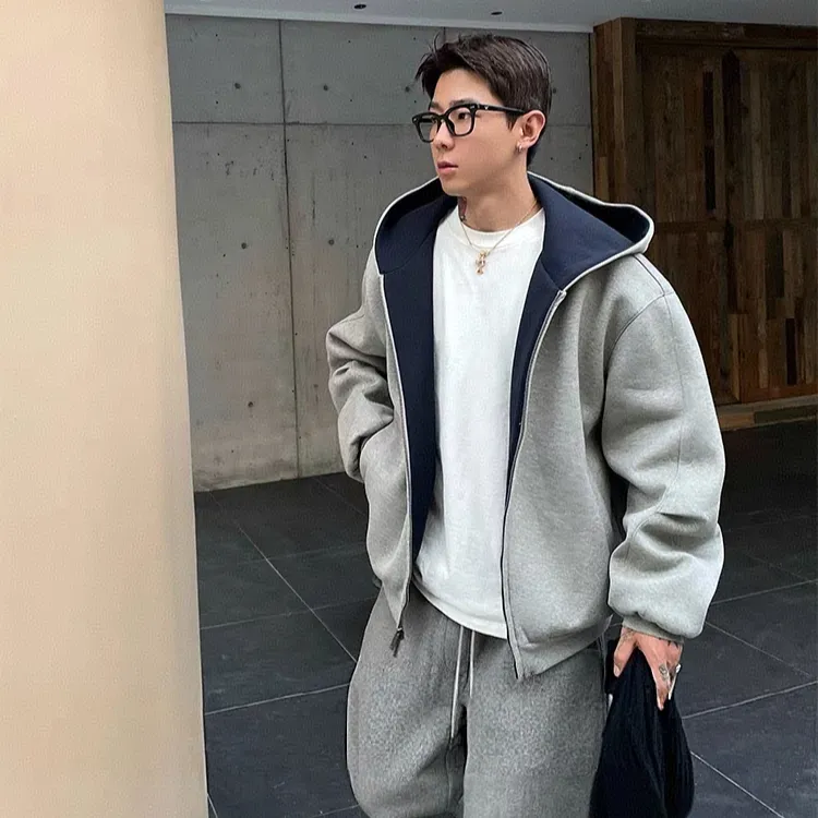 双面穿拼色开衫卫衣秋冬男士重磅宽松休闲百搭双拉链外套连帽上衣