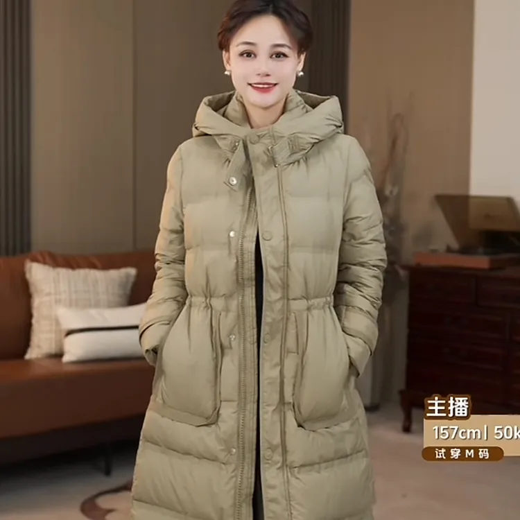 【HY167】白鸭绒羽绒服泡芙长款过膝连帽抽绳显瘦加厚外套
