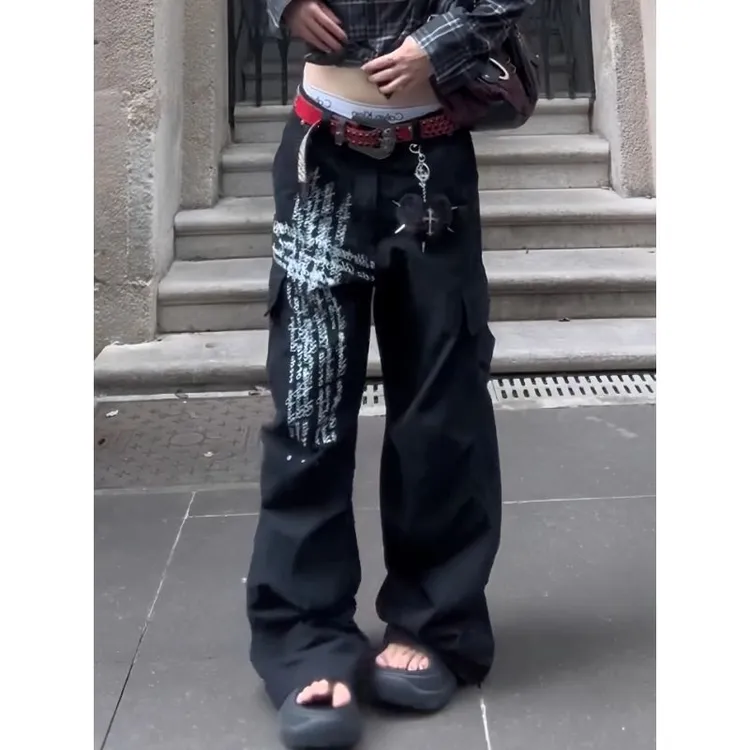 街头设计感水洗字母印花工装休闲裤男女早秋美式阔腿多口袋长裤潮