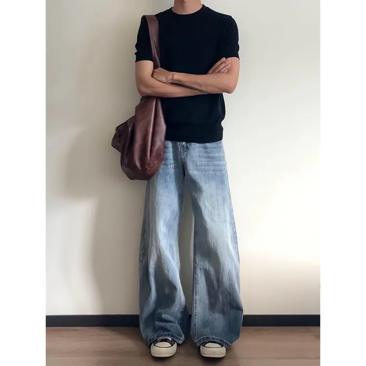 浅蓝色弯刀牛仔裤男款秋季美式复古阔腿长裤子cleanfit直筒微喇裤