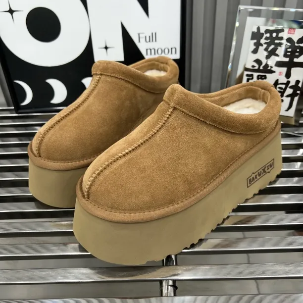 包头半拖鞋秋冬新款女牛皮厚底一脚蹬懒人鞋博肯鞋增高松糕底百搭