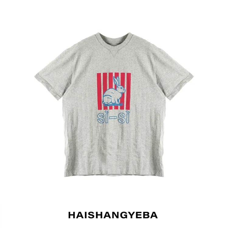 【海上叶爸】新款2025夏百搭棉男女同款宽松大白兔复古印花短袖T恤