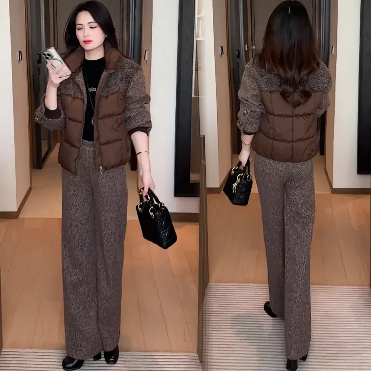 时尚套装女2025冬季新款洋气显瘦保暖棉服外套阔腿裤休闲两件套