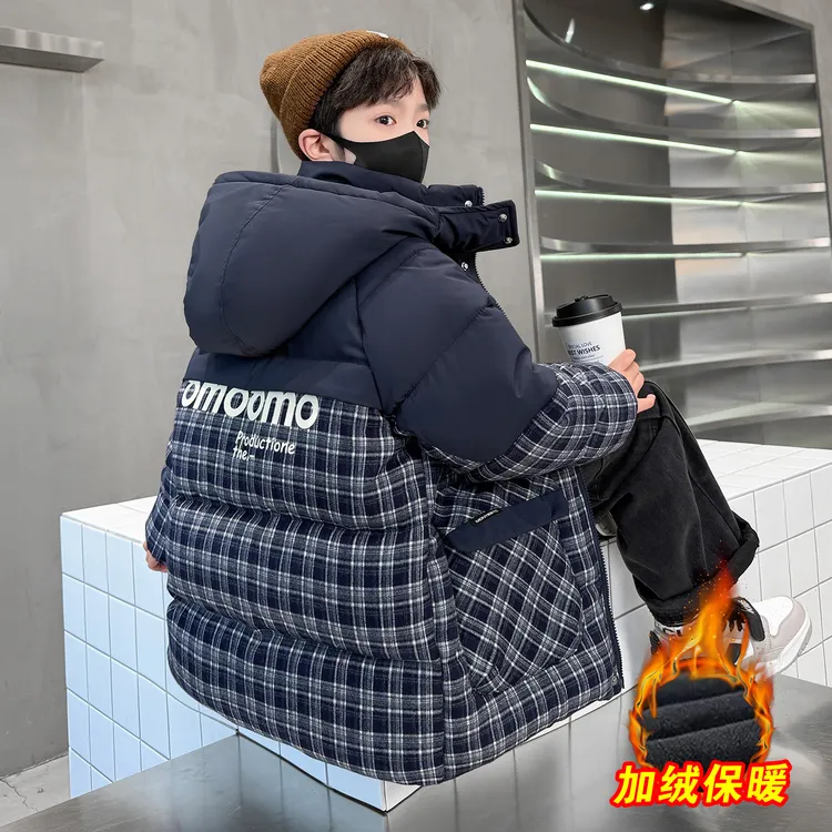 男童冬装加绒棉服2025新款大童冬季加厚保暖棉袄儿童格子棉衣外套