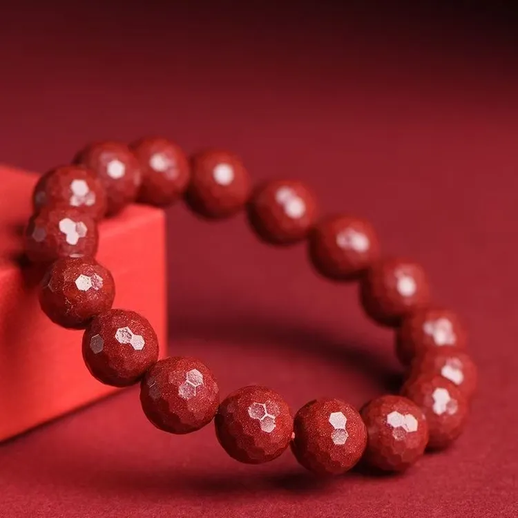 含辰砂工艺品保真高含量朱砂紫金砂切面圆珠素圈手链