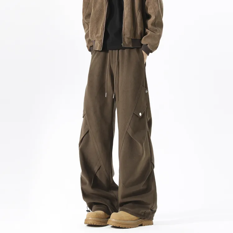 阿叔冬季尼料褶皱拼接百搭宽松加厚工装直筒卫裤休闲裤AG-2886