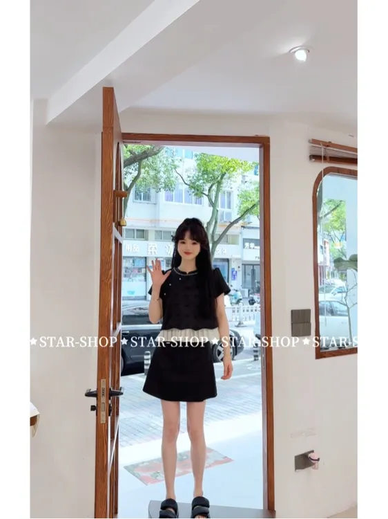 ｛蝴蝶精灵｝夏 珍珠领 蝴蝶结 图案国风上衣两件套