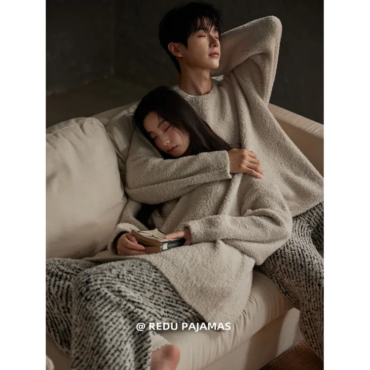 【慵懒风】热妒半边绒情侣睡衣女秋冬宽松大码加绒男士家居服套装