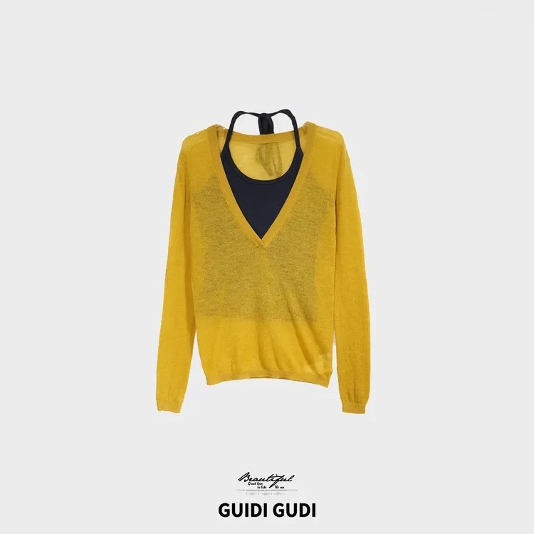 GUIDI GUDI【秋水一色】高级感宽松百搭休闲长袖两件套/黄加蓝  