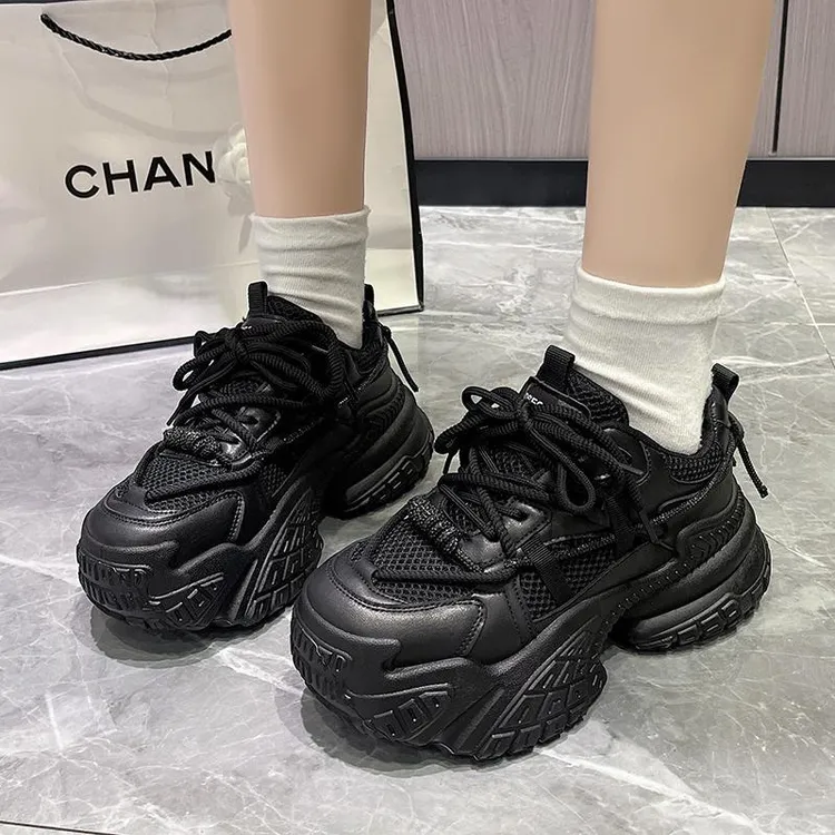 炸街黑色老爹鞋女2025秋季新款厚底增高松糕鞋百搭潮ins酷运动鞋
