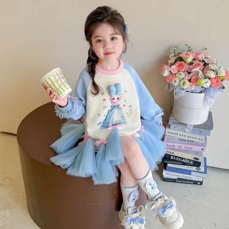 女童连衣裙秋装2025新款洋气儿童长袖拼接网纱卫衣裙小女孩公主裙