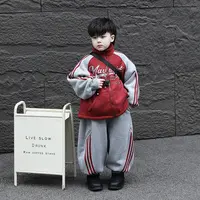 【现货】Jimmy妈童装 活力校园冬季儿童休闲风韩版红灰链接加绒套装