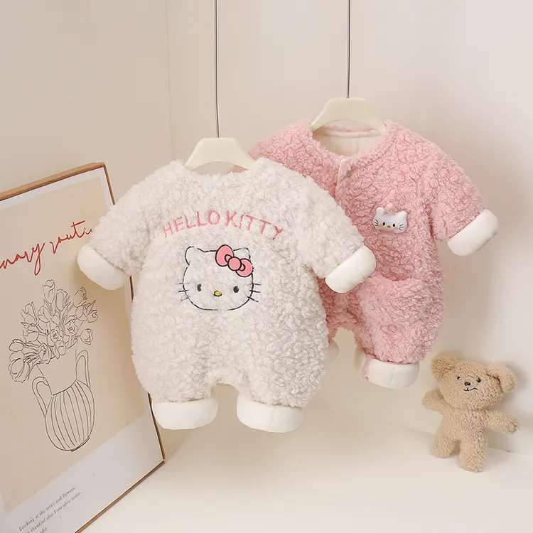 冬季新生儿可爱无领云朵绒猫咪连体衣爬服哈衣女幼儿薄棉连体衣