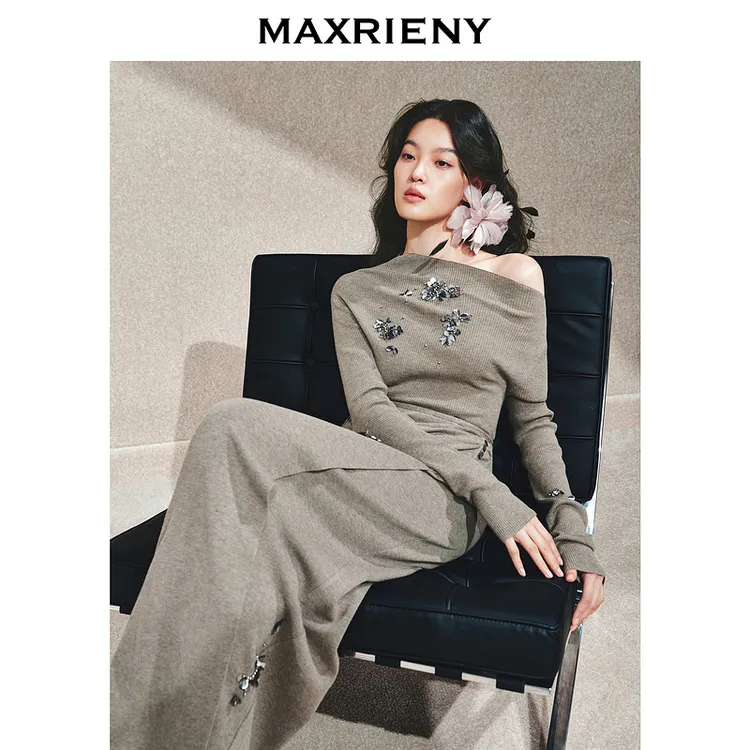【赵露思同款】MAXRIENY华丽钉珠堆褶毛衫修身显瘦上衣秋
