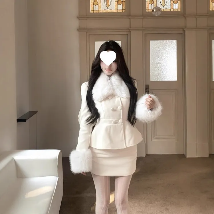 新款时尚洋气百搭名媛气质高级感毛毛拼接长袖毛呢外套富家千金套