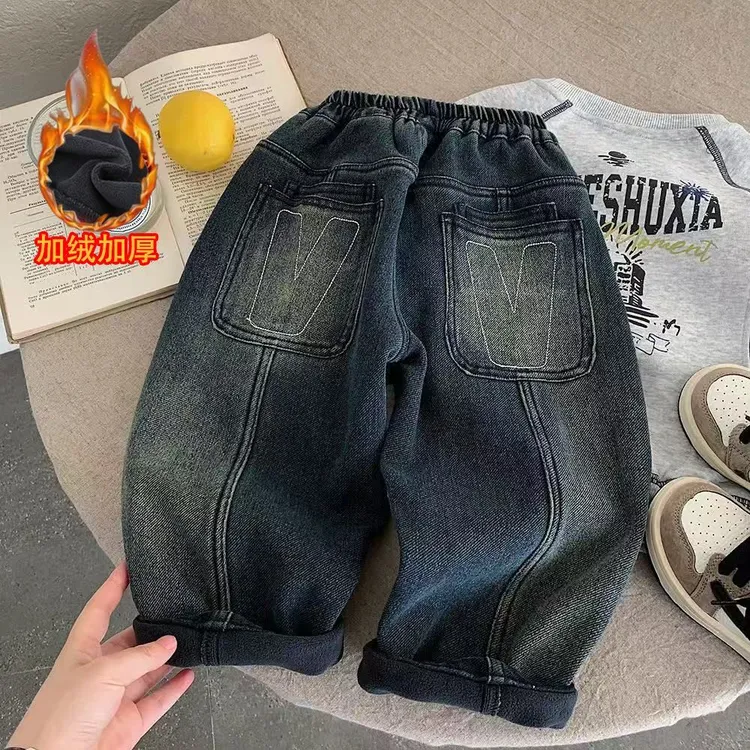 男童加绒牛仔裤冬季新款儿童裤子秋冬装帅气一体绒秋冬加厚长裤潮