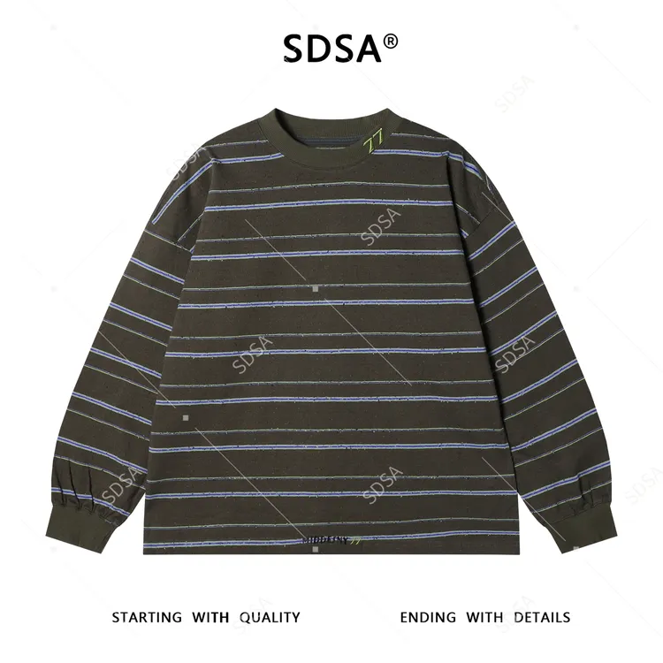 SDSA男士秋冬新款痞帅男装潮牌撞色条纹磨毛圆领T恤领口刺绣百搭