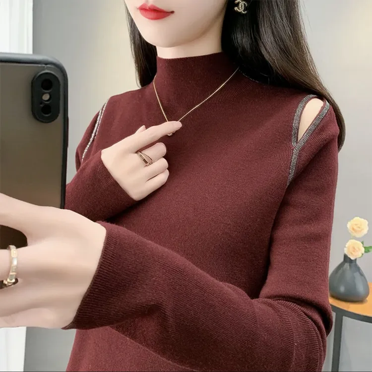 秋冬时尚半高领设计感镂空打底衫上衣