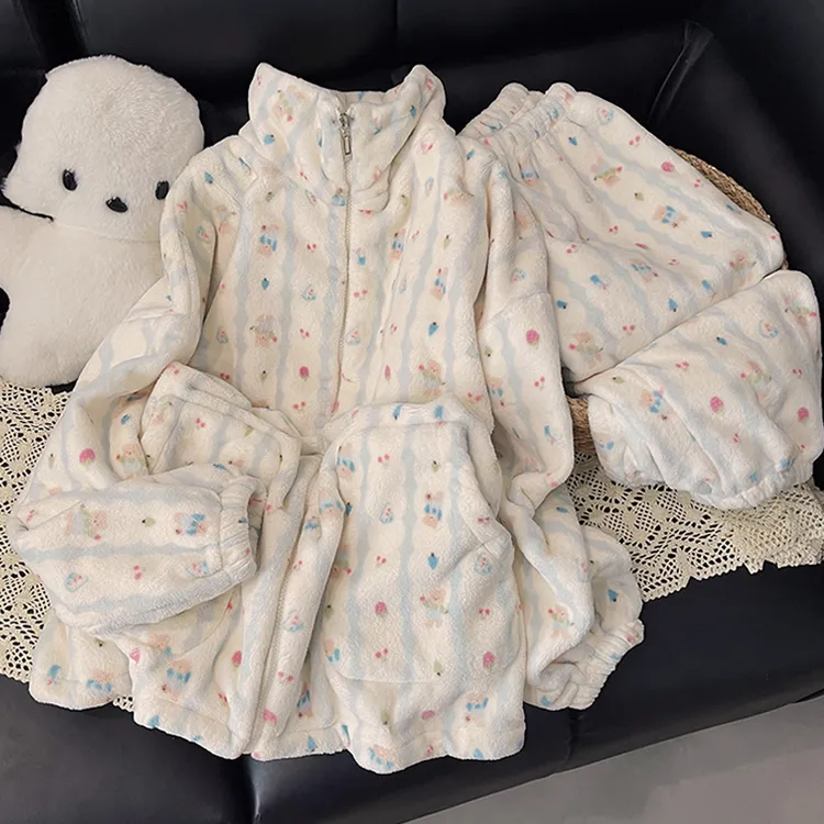 珊瑚绒睡衣女款保暖加绒加厚新款秋冬款拉链女士家居服两件套装