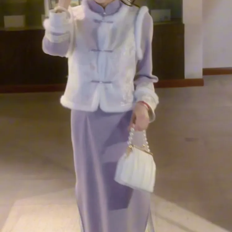 俏娘鱼蓝色改良新中式倒大袖旗袍女2025冬新款加绒保暖素雅年轻款