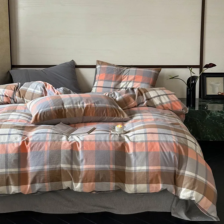 日式无印全棉水洗棉四件套良品格纹床品套件简约民宿酒店4件套