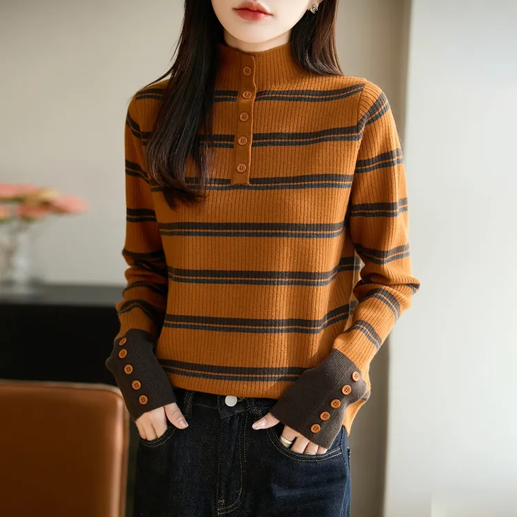 品牌女装新款打底秋冬毛衣条纹拼色半高领高级设计感女毛针织衫
