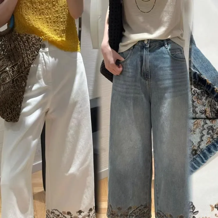 可可欧洲站25夏季新款高腰裤脚刺绣绣花八分阔腿牛仔裤阔腿裤女
