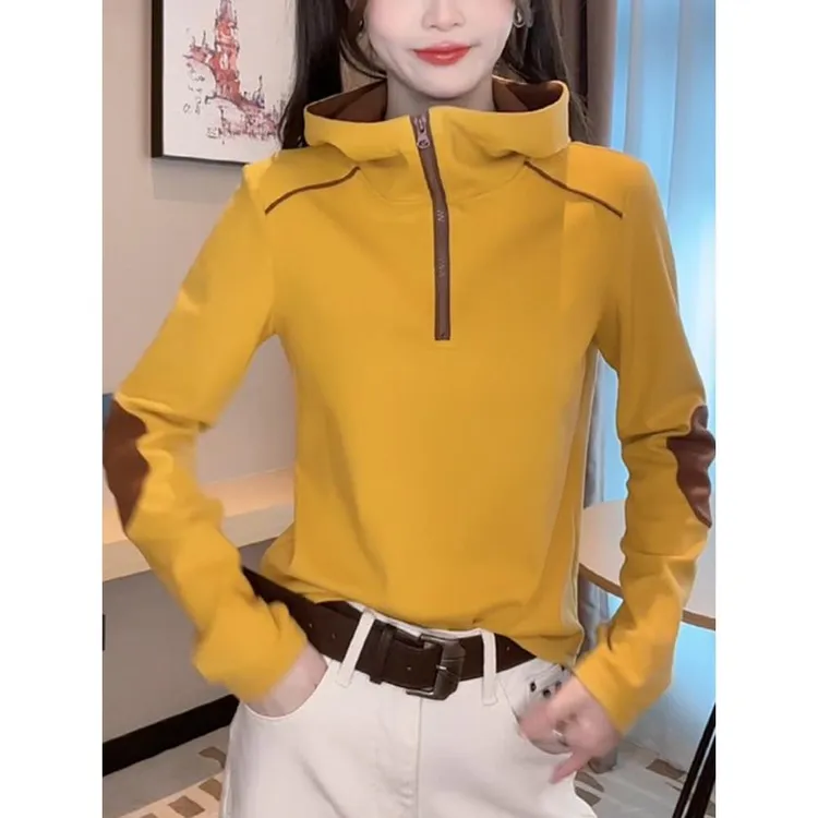 色块连帽半拉链德绒上衣女士保暖运动衫2026春秋新时尚百搭卫衣