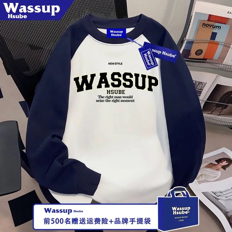 WASSUP HSUBE潮流英文印花T恤100%纯棉插肩长袖ins秋季男女款上衣