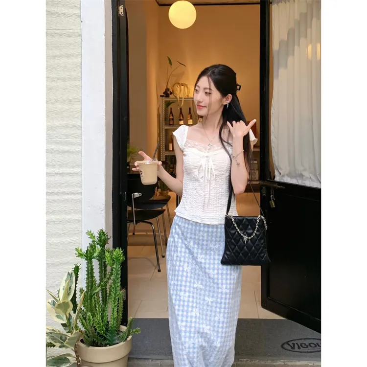 实价 蓝色格纹蕾丝显瘦半身裙蝴蝶V领显瘦两件套