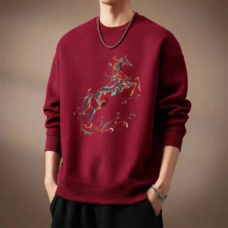 仓石一树酒红色马年圆领卫衣2026本命年衣服新款加绒保暖上衣潮