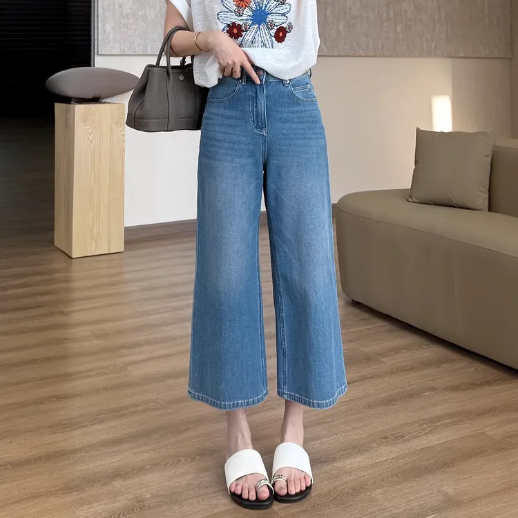 小个子必入~夏薄款弹力高腰牛仔裤女梨形身材遮肉显瘦直筒八分裤