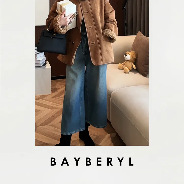 BAYBERYL老贝蓝加绒加厚高腰八分做旧阔腿牛仔裤NZK5L1009-12/21