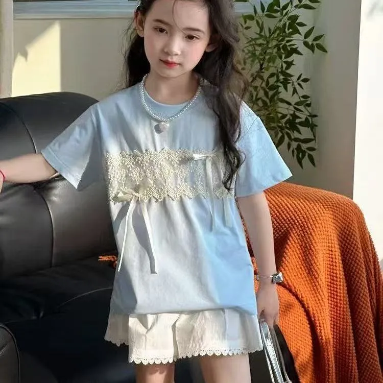 女童T恤2025夏季新款儿童蕾丝上衣中大童女孩拼接短袖韩版打底衫