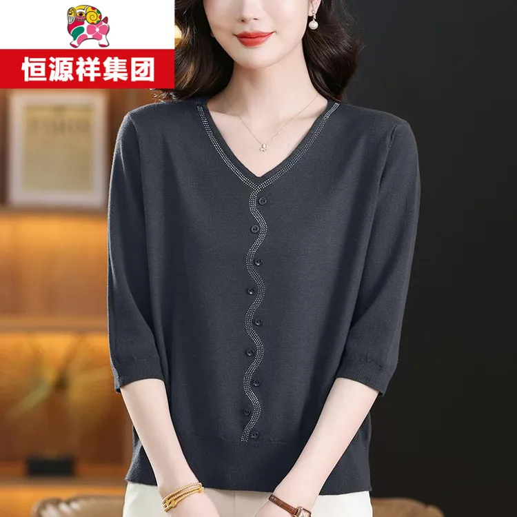 恒源祥彩羊中年妈妈装V领针织衫女春夏加肥大码宽松桑蚕丝薄上衣
