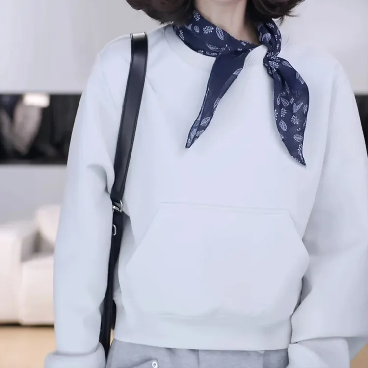丝巾系带圆领短款卫衣女2025新款爆款小个子宽松休闲长袖上衣女潮