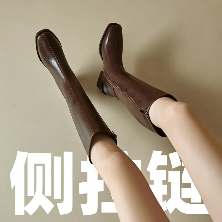 Koee/7cm/新款长筒粗跟秋冬百搭高筒时装靴复古骑士真皮长靴女