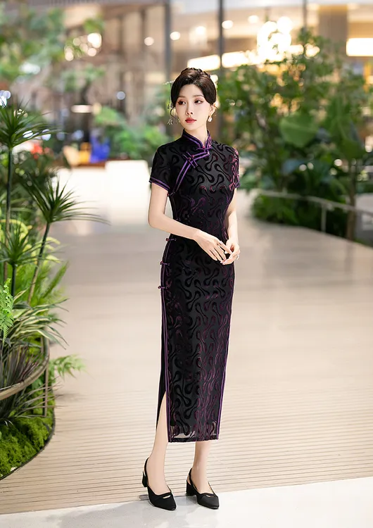 2025夏新款锦绣年华丝绒烧花中国风手工长款旗袍气质复古显瘦古法