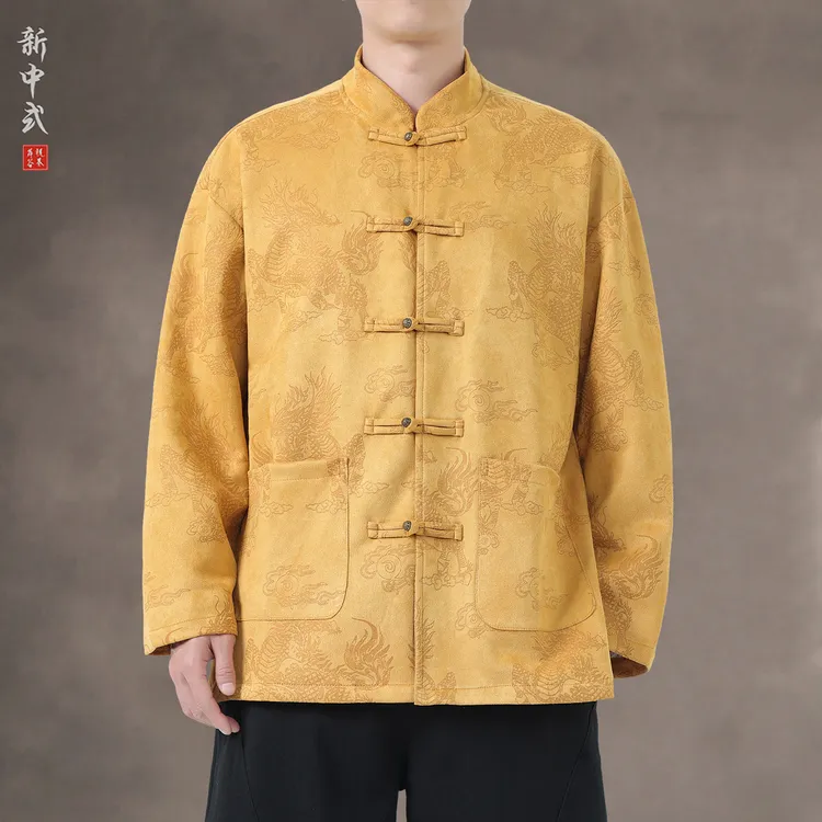 新中式秋冬麂皮绒盘扣唐装外套男士暗纹休闲中山装民族风铜扣夹克