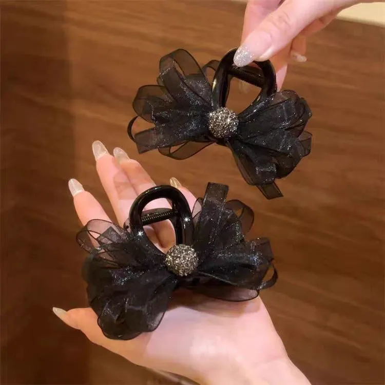高级感黑色网纱蝴蝶结中号抓夹女发夹子发量少夹的牢后脑勺半扎发