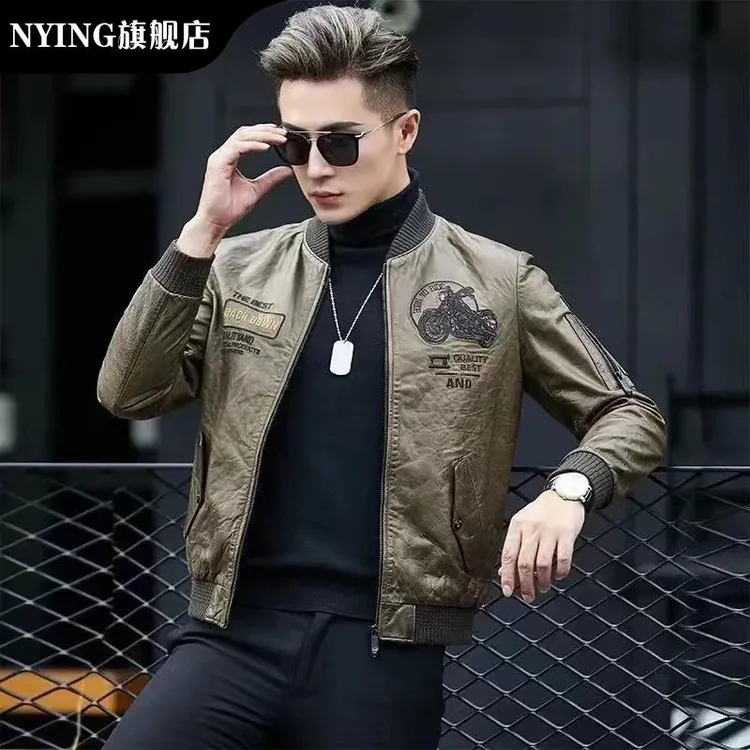 NYING2025时尚新款修身时髦热门棒球零皮衣外套男潮痞帅百搭夹克