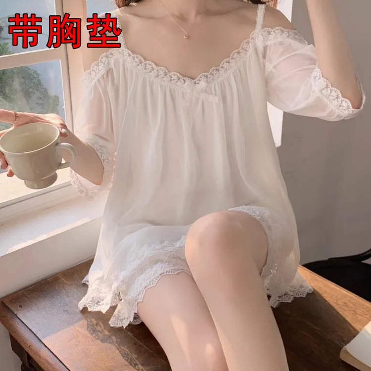 欧若风+夏季薄款套装法式公主风家居服纯欲宽松睡裙女睡衣新款夏