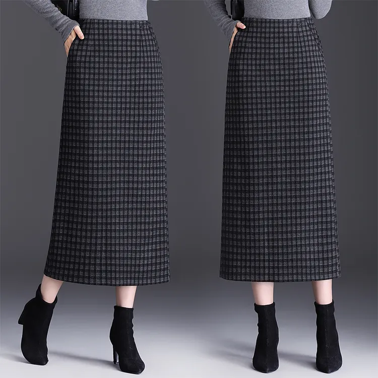 毛呢格子半身裙女秋冬中长款2025新款高腰直筒包臀裙子开叉一步裙