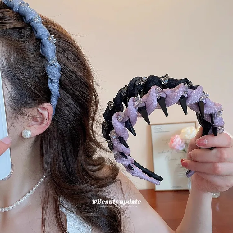 高级感气质水钻高颅顶发箍碎发整理神器带齿防滑波浪发卡头箍头饰