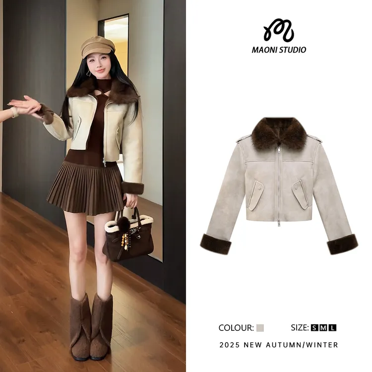 毛妮LADIESFIRST小众复古工装风大毛领翻领撞色夹克短外套女L2832