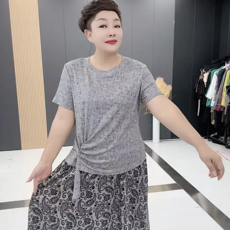 百搭圆领侧捏褶飘带显瘦半袖衫夏季套装（上衣＋裙子）YJ928