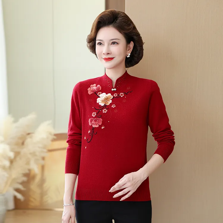 100%纯羊毛衫女士毛衣秋冬新款旗袍领妈妈洋气打底衫中老年宽松女
