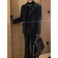 阿茶与阿古黑色毛呢西装外套男秋冬宽松韩版休闲西服上衣2410112